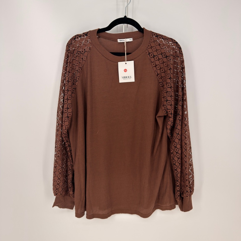MIHOLL Top Womens XXL Brown Lace Sleeve Waffle Knit Casual Boho NWT Cottagecore